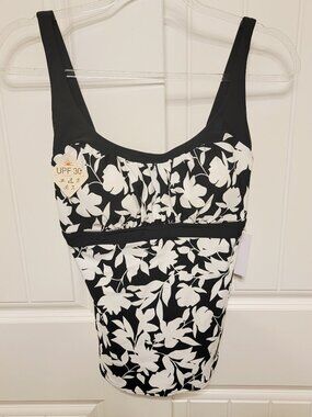 ZeroXposur Womens Size Large 12 Sun Smart Tankini Top Black & White Floral NWT